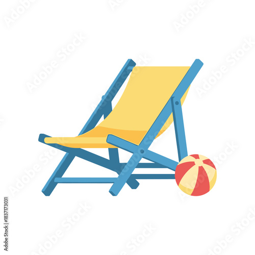 Yellow and blue striped beach chair with a colorful beach ball.