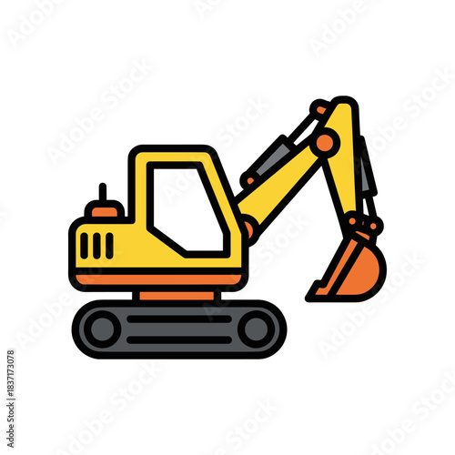 Yellow excavator machine with orange bucket ready for construction work.
