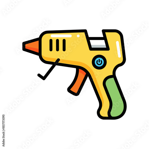 Yellow Hot Glue Gun Tool with Orange Trigger and Green Handle.