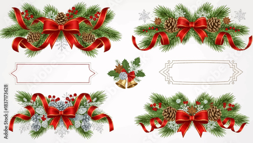 Stunning collection of elegant Christmas garlands featuring vibrant red ribbons pine cones and festive holiday elements