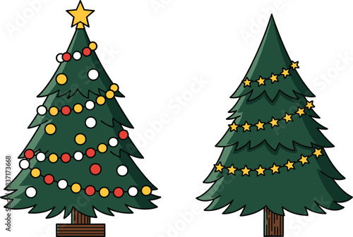 Detailed cartoon vector illustration pair of Christmas trees, one with colorful baubles and the other with yellow star-shaped string lights, isolated on white.