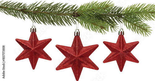 Three Red Glitter Star Christmas Ornaments Hanging from a Pine Branch, Ideal for Holiday Season Decor, Festive Greetings, and Winter Celebration Graphics