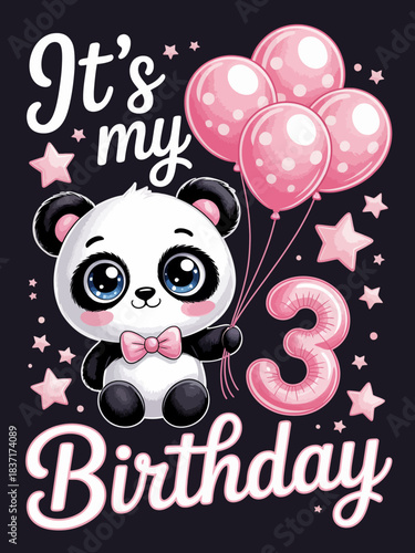A cute panda wearing a pink bow tie sits cheerfully with pink balloons. A large number three and celebratory stars complete the lively scene.