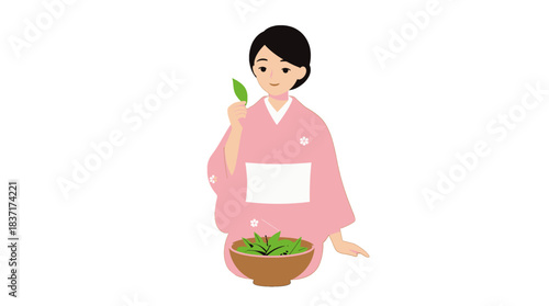 Japanese Woman in Pink Kimono Holding Green Tea Leaf