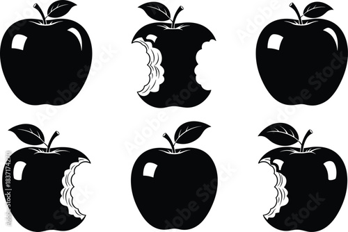 Black apple silhouettes with varying bite patterns, ideal for visual reasoning, puzzles, or concept-themed vector illustration content