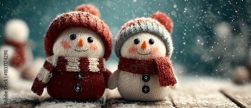 Wallpaper Mural Two cute snowmen wear red knitted hats and scarves standing in a snowy landscape with falling snowflakes and cheerful winter holiday setting. Torontodigital.ca