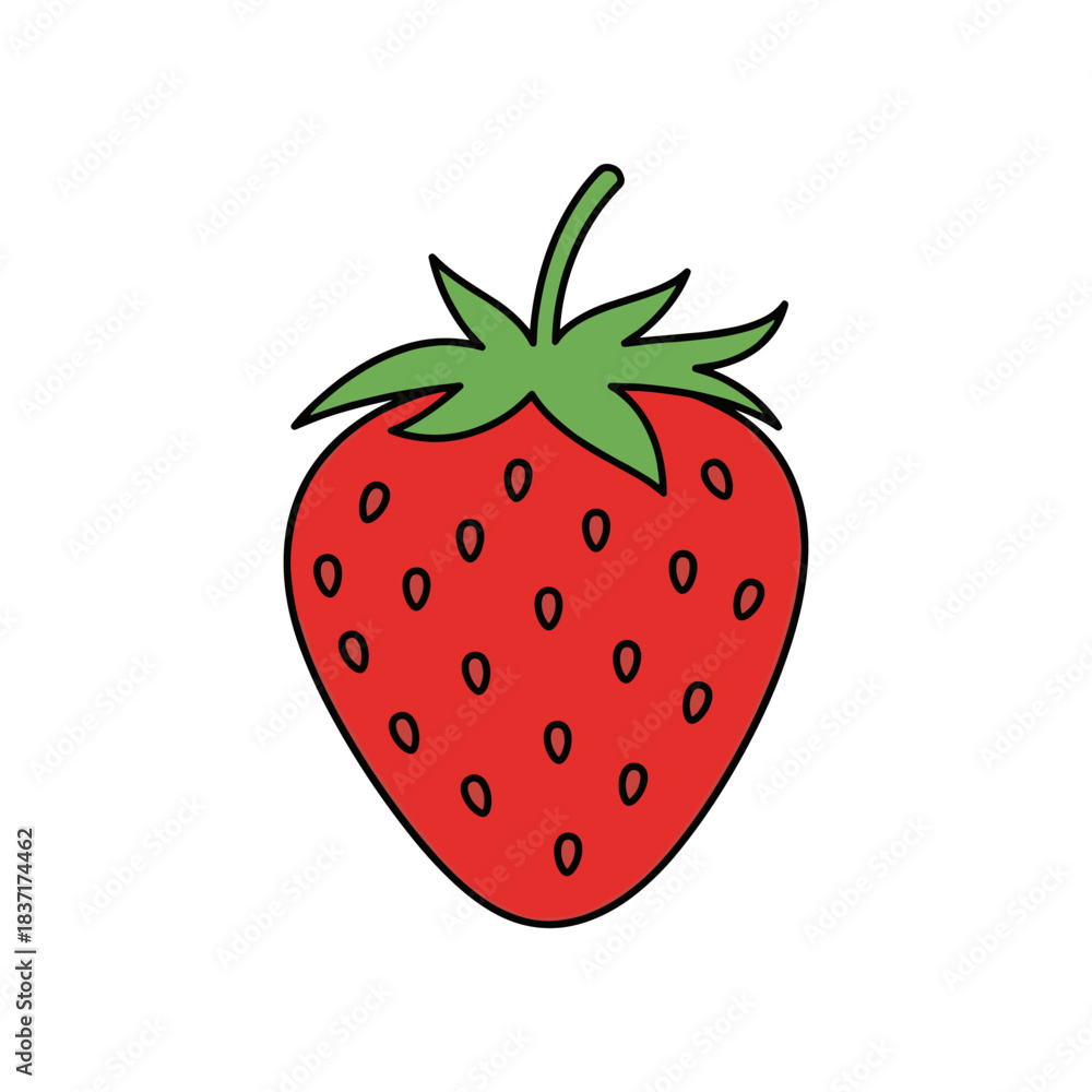 Fototapeta premium A Simple Cartoon Strawberry Illustration with Green Leaves.