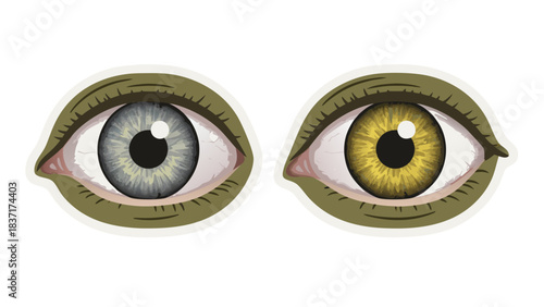 Stylized Close Up of Two Different Colored Eyes Side By Side With Detailed Iris Textures Against A Dark Background