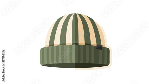Striped Knit Beanie Hat With Ribbed Cuff In Green And Beige Colors Isolated On Black Background With White Border And Soft Shadows