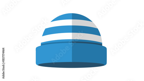 Striped Blue and White Winter Beanie Hat with Flat Design Isolated on Black Background
