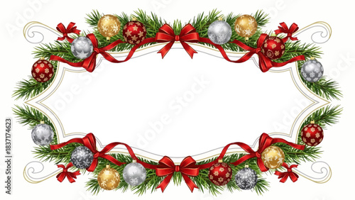 Stunning festive border frame adorned with vibrant red ribbons pine boughs and elegant gold silver Christmas ornaments