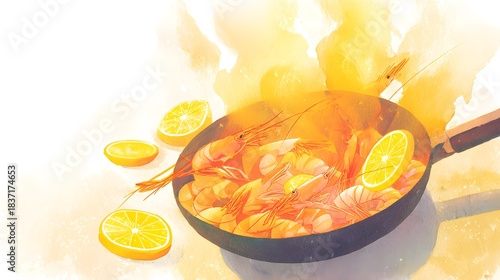 Fototapeta Naklejka Na Ścianę i Meble -  Warm Watercolor Shrimp Stir Fry Aromatic Citrus Cooking Over Gentle Flames World Food Day Celebration