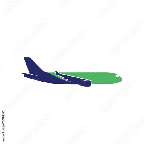 Airplane in flight with a green and blue color scheme for travel.
