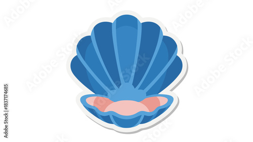 Stylized Blue Seashell With Pink Interior And White Outline On Black Background