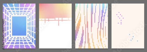 Y2K background pattern set with cute abstract gradient texture collection. Holographic style designs - simple 3d grid tunnel, halftone dots, wavy stripes and distorted mesh in pastel retro bg.