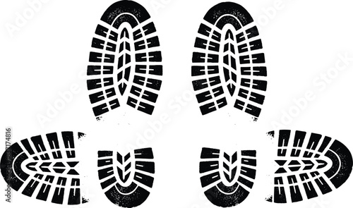 Boot print silhouette pattern, black tread marks vector, symbol of movement, tracking, presence, and outdoor activity design