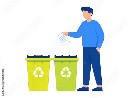 Man Recycling Paper in Green Bins Flat Vector Illustration