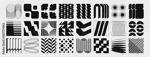 Abstract bauhaus signs set isolated on white. Vector illustration of black geometric distortion shapes, monochrome design elements, square tiles with circles, rhombus, lines, trendy vintage symbols