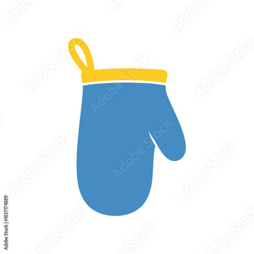 Blue oven mitt with yellow trim and loop for hanging in kitchen.
