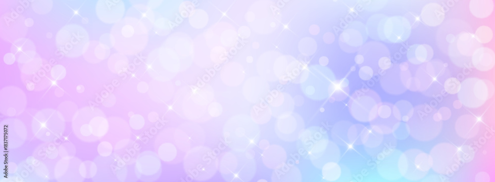 Obraz premium Unicorn magical bokeh background with pastel rainbow gradient and sparkling stars for fantasy design. Soft pink, purple and blue colors with glowing light effects. Dreamy fairy tale atmosphere.