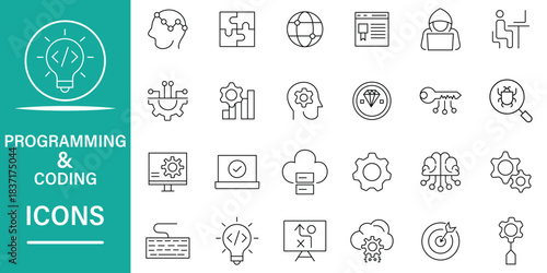 Coding and Programming line icon set. Included icons as website, development, script, cloud, app, data, software and more. Editable stroke. Vector illustration.