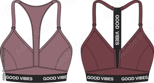 Women's technical flat sketch CAD drawing vector illustration athleisure design sports bra activewear racerback garment apparel yoga fitness gym wear fashion template, good vibes.