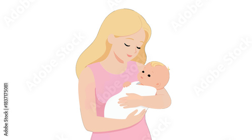 Mother Holding Baby in Pink Outfit Illustration