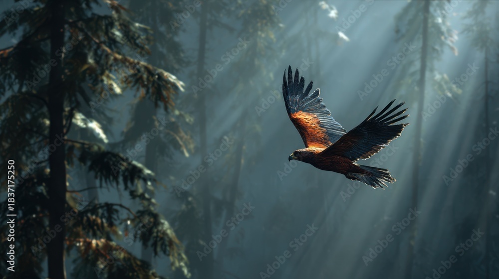 Fototapeta premium Majestic bird of prey soars through sunlit forest canopy with dramatic lighting