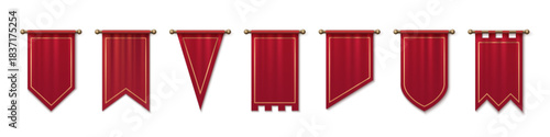 Red medieval pennant set with golden borders and poles for royal or tournament decoration. Crimson banners, triangular shields, pointed flags and various cuts for castle events or historical themes.