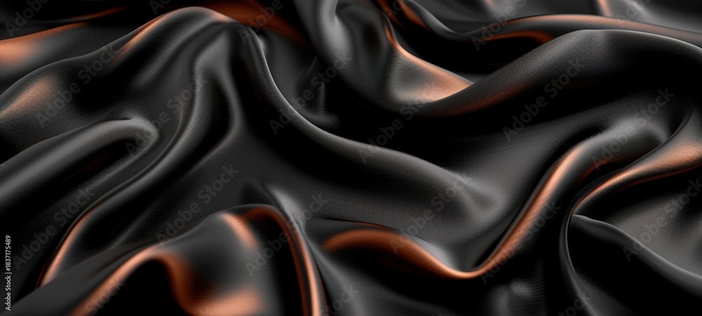 Fototapeta premium Black Satin Fabric with Orange Reflections and Smooth Waves