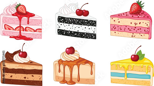 Assorted collection of colorful layered cakes topped with cherries, strawberries, cream, and rich drizzles, showcasing delightful dessert variety and sweetness