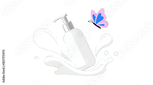Pink Butterfly and White Lotion Bottle Vector Illustration