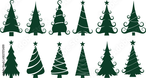 Collection of Decorative Christmas Tree Silhouettes Featuring Swirls, Stars, Festive Shapes, and Elegant Holiday Designs for Seasonal Artwork and Crafts