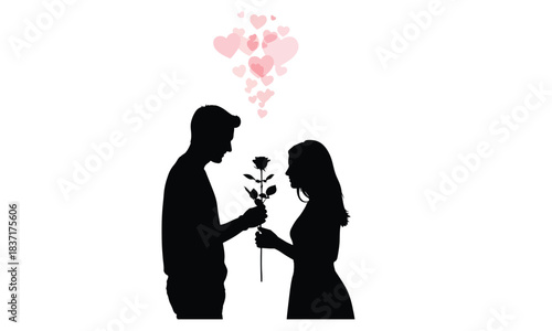 Romantic couple silhouette exchanging a rose with floating hearts
