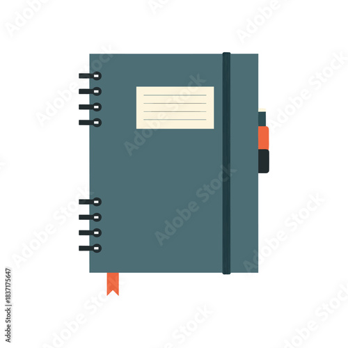 Dark blue spiral notebook with an elastic band and a pen holder.