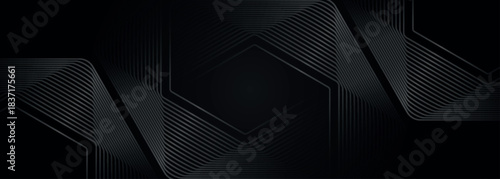 Black abstract background with glowing geometric line design. Modern and futuristic shiny blue gradient hexagon line pattern. EPS. 3