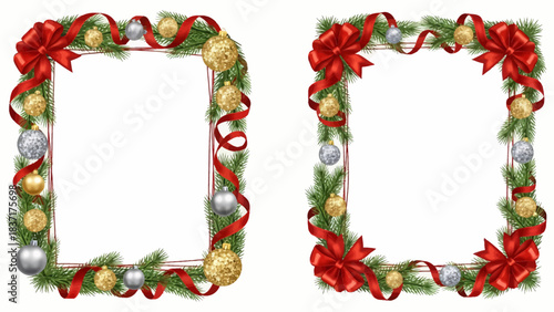 Stunning pair of festive Christmas borders featuring elegant red ribbons and shimmering gold silver ornaments framing white space