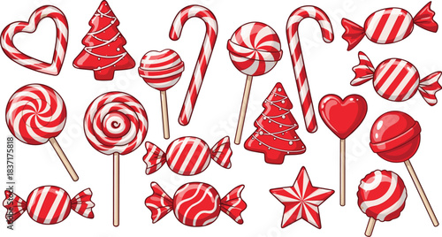 Whimsical Holiday Candy Collection Featuring Red and White Christmas Treats, Canes, Lollipops, Stars, Hearts, and Tree-Shaped Delights