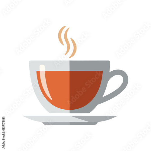 Flat design vector icon of a steaming hot cup of tea on a saucer.