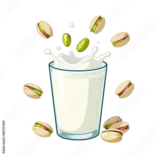 Pistachio Nuts with Splashing Milk Vector Illustration
