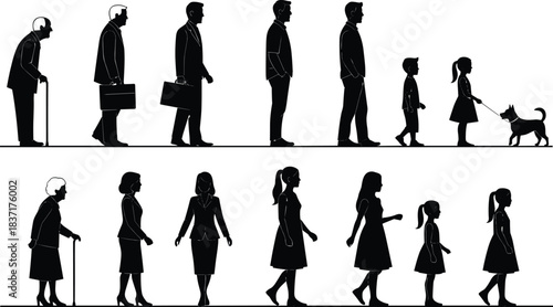 Human life stages, male and female, aging silhouette, childhood to elderly, walking figures, timeline concept, vector illustration