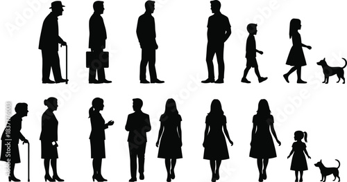 Human life stages, male female silhouettes, aging progression, childhood to elderly, dog companion, walking figures, timeline concept, vector illustration