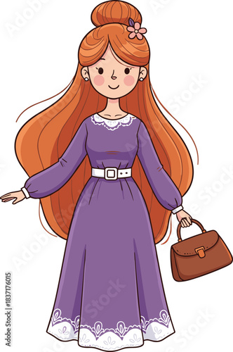 Cartoon woman in purple dress vector illustration, whimsical character with red hair bun and flower accessory