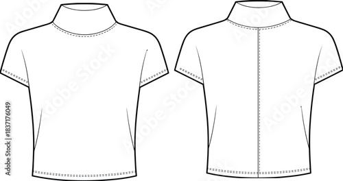 Mock Neck Top Technical Drawing, Short Sleeve CAD, Center Back Seam, Fashion Sketch, Garment Construction, Flat Vector, Apparel Design Illustration