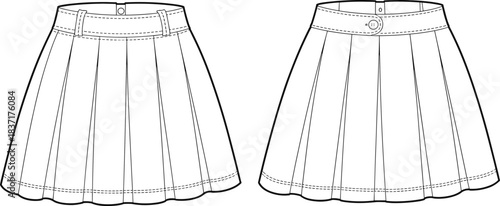 Pleated Skirt Technical Drawing, Belt Loops Detail, Button Closure Waistband, Fashion CAD, Garment Construction, Flat Sketch, Vector Illustration
