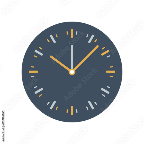 Modern analog clock face with yellow and white hands on a dark blue background.