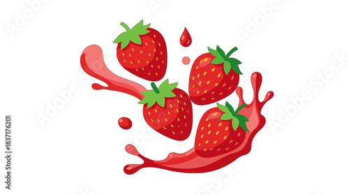 Red Strawberries with Juice Splash Vector Illustration
