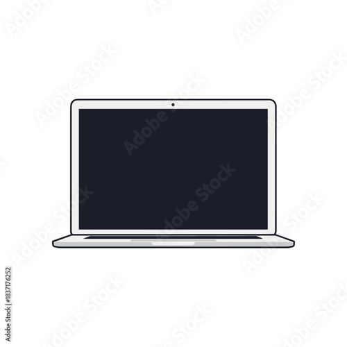 Modern Laptop Computer Displaying Dark Screen on White Background.