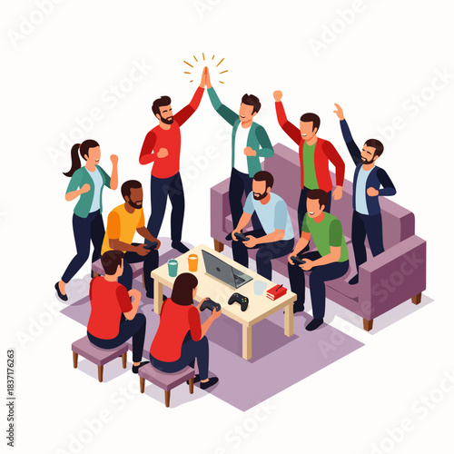 Diverse group of friends celebrating a victory while playing video games together in a modern living room.