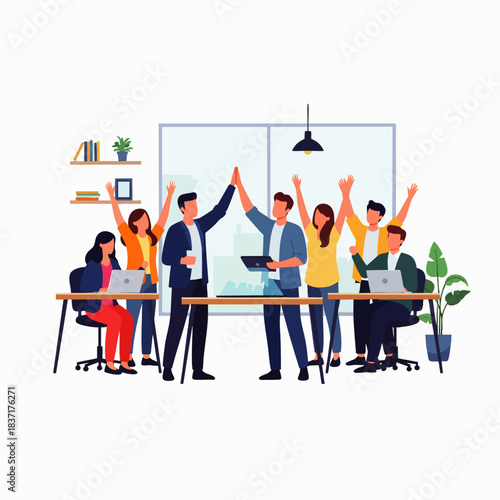 A diverse and energetic business team joyfully celebrates a major project success with high-fives and enthusiastic gestures in a modern office, highlighting teamwork.